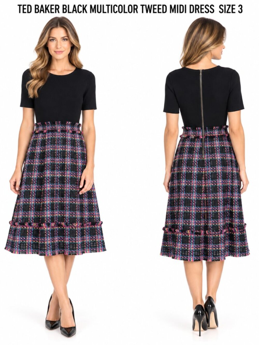 TED BAKER BLACK MULTICOLOR TWEED MIDI DRESS SIZE 3 / Size 8